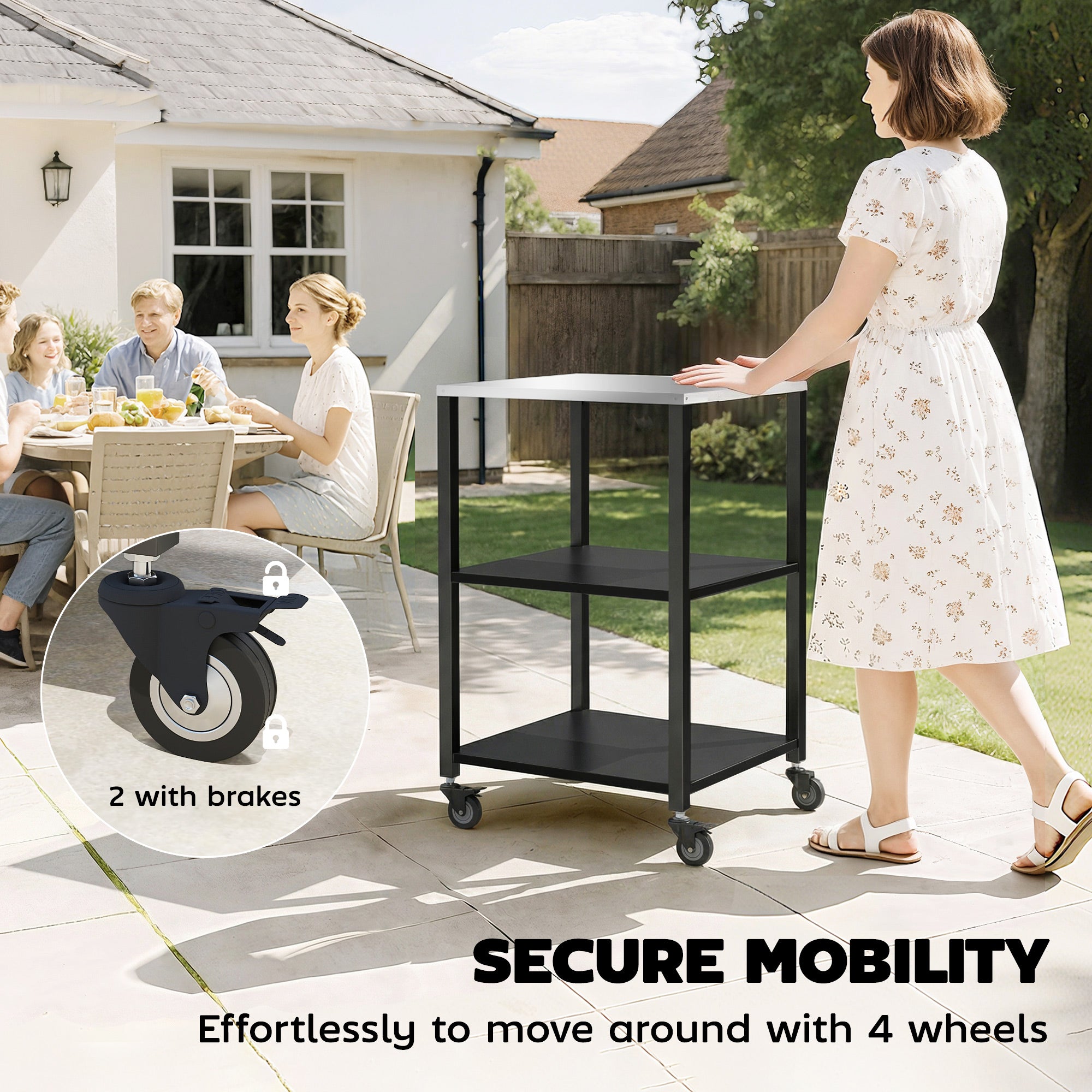3-Tier BBQ Cart with Stainless Steel Worktop, Mobile Serving Trolley for Outdoor Grilling, 19.7 x 19.7 x 35.4 in, Black