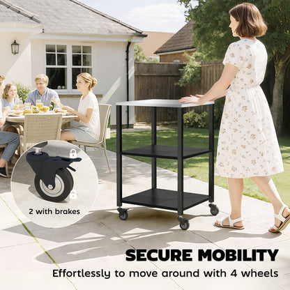 3-Tier BBQ Cart with Stainless Steel Worktop, Mobile Serving Trolley for Outdoor Grilling, 19.7 x 19.7 x 35.4 in, Black