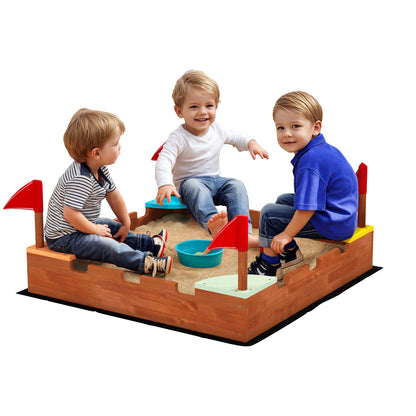Wooden Sandbox, Sandbox for Children 3-7 Years with Seats, Flags, Wall Theme, 90 x 90 x 17 cm, Brown