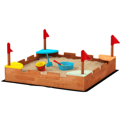 Wooden Sandbox, Sandbox for Children 3-7 Years with Seats, Flags, Wall Theme, 90 x 90 x 17 cm, Brown