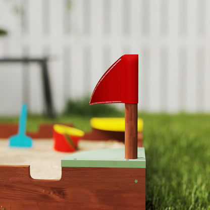 Wooden Sandbox, Sandbox for Children 3-7 Years with Seats, Flags, Wall Theme, 90 x 90 x 17 cm, Brown