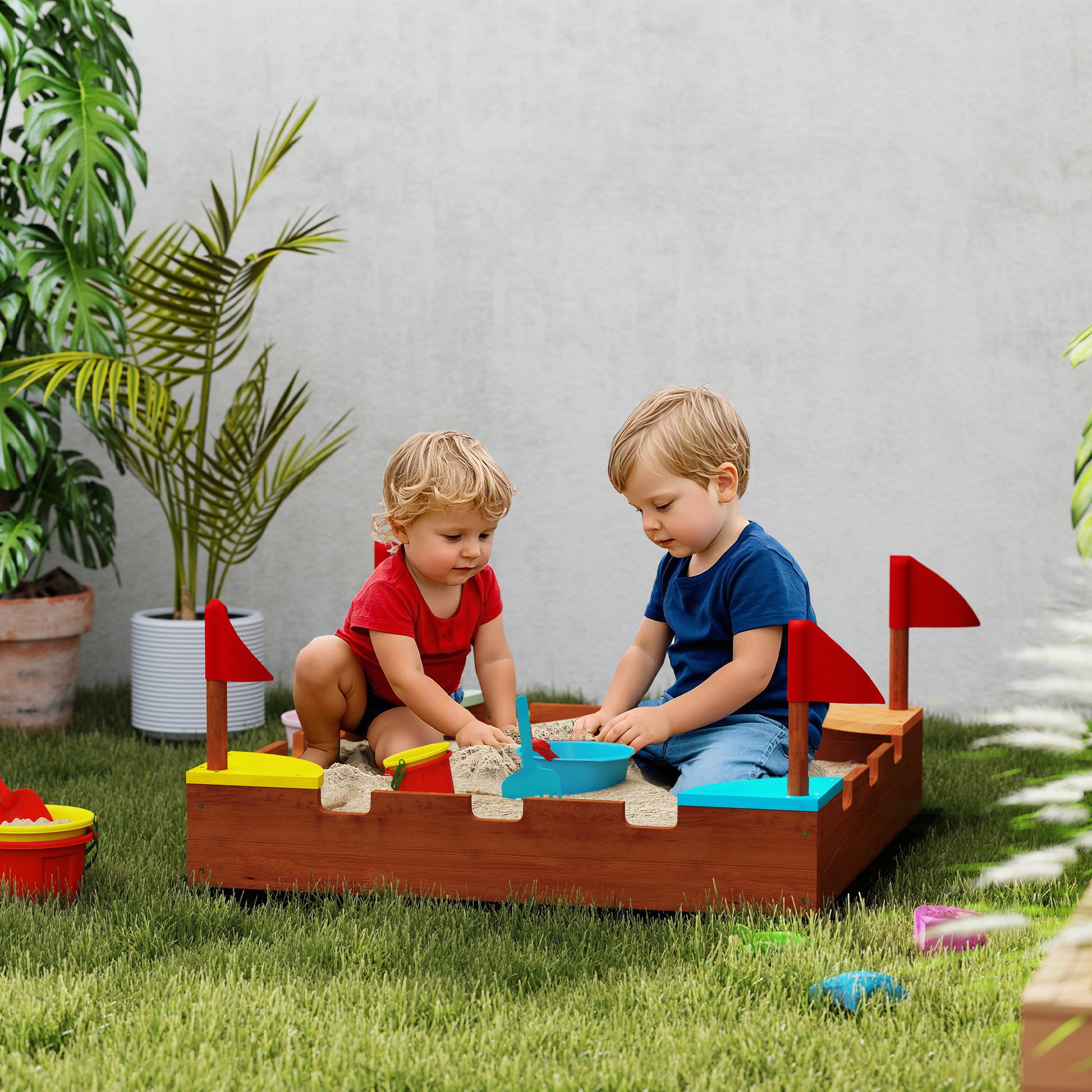 Wooden Sandbox, Sandbox for Children 3-7 Years with Seats, Flags, Wall Theme, 90 x 90 x 17 cm, Brown