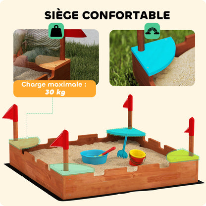 Wooden Sandbox, Sandbox for Children 3-7 Years with Seats, Flags, Wall Theme, 90 x 90 x 17 cm, Brown