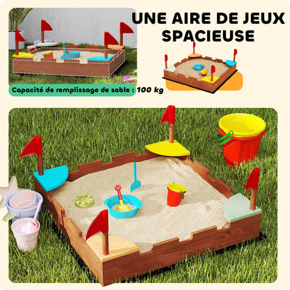 Wooden Sandbox, Sandbox for Children 3-7 Years with Seats, Flags, Wall Theme, 90 x 90 x 17 cm, Brown
