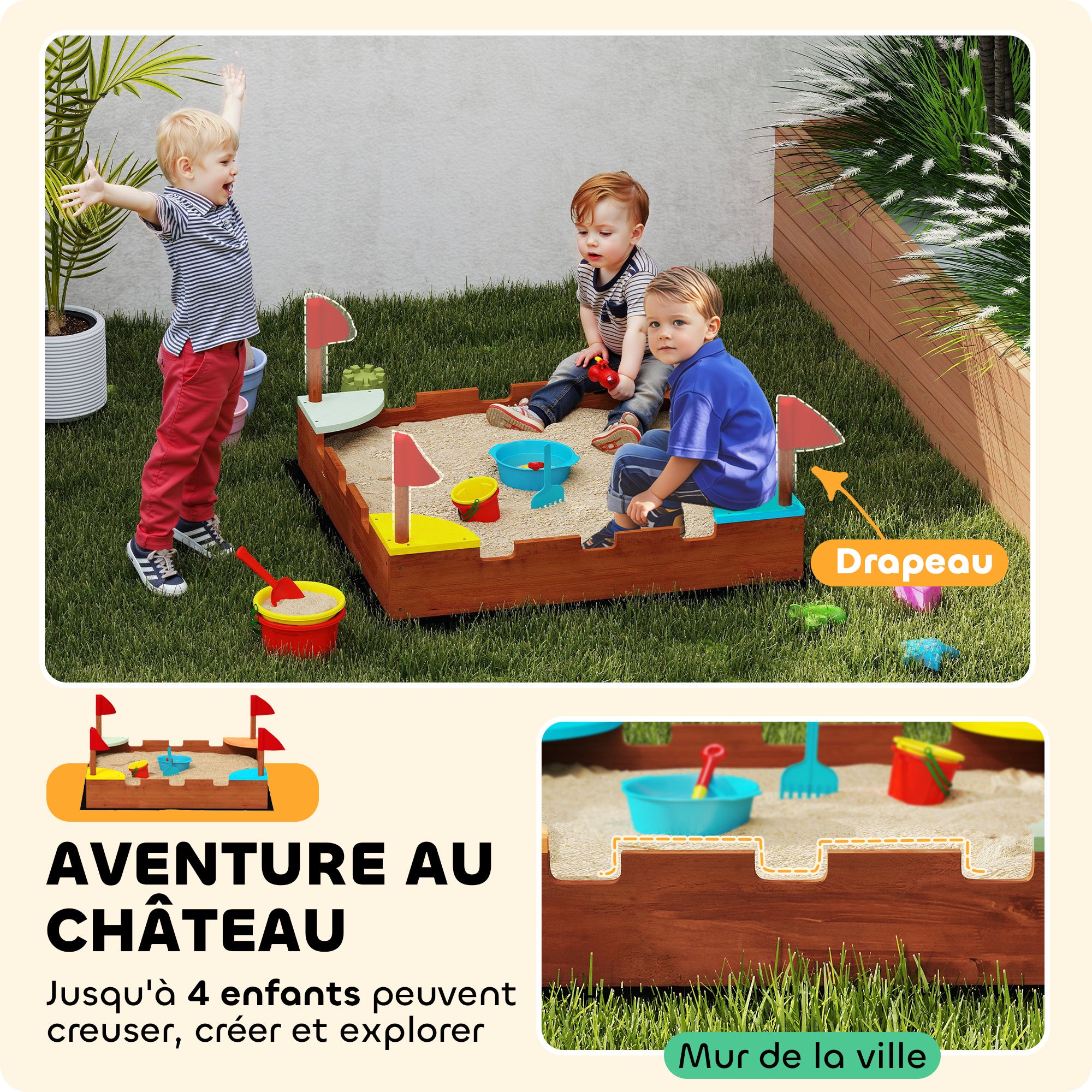 Wooden Sandbox, Sandbox for Children 3-7 Years with Seats, Flags, Wall Theme, 90 x 90 x 17 cm, Brown