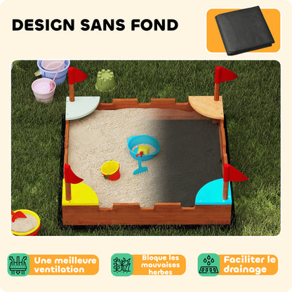 Wooden Sandbox, Sandbox for Children 3-7 Years with Seats, Flags, Wall Theme, 90 x 90 x 17 cm, Brown