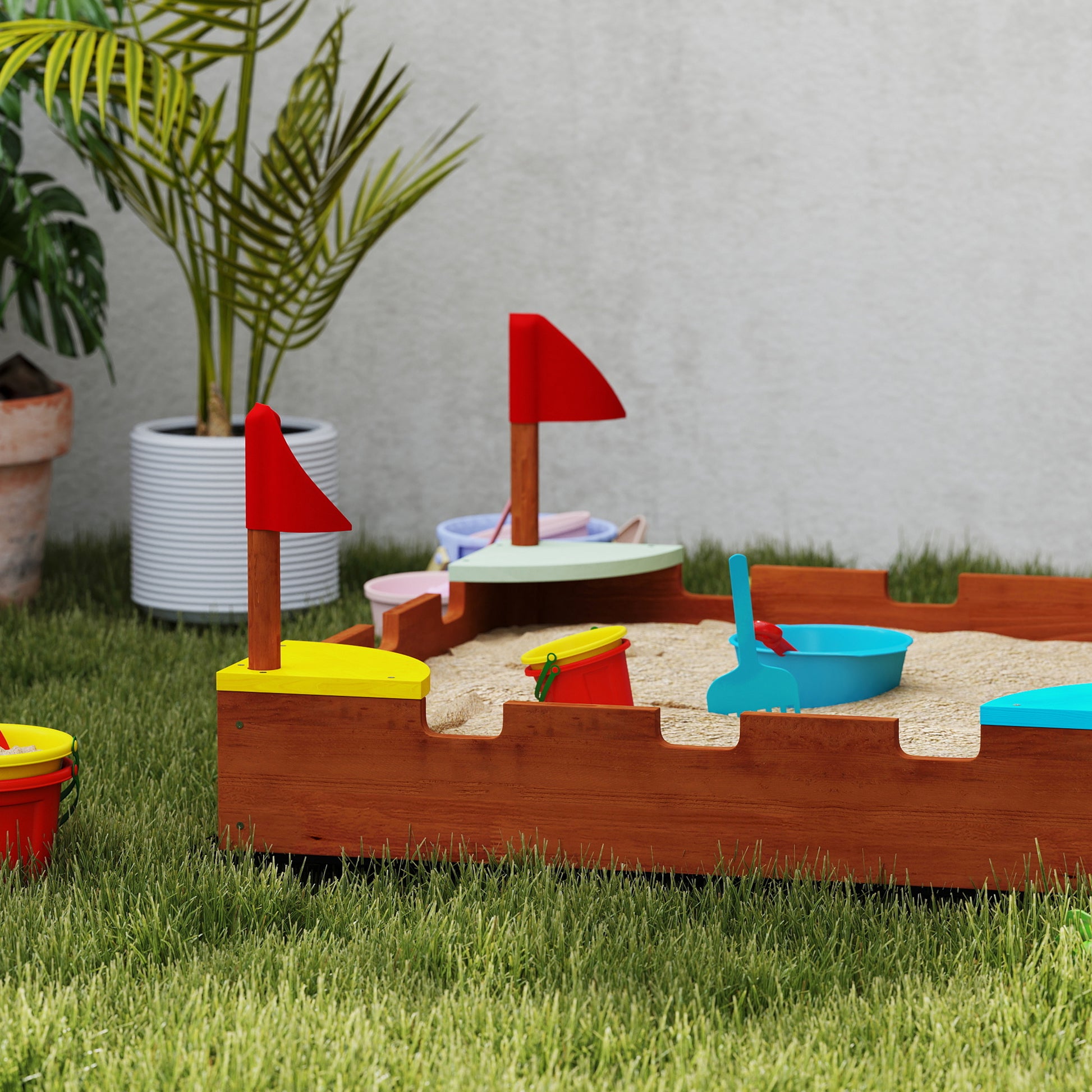 Wooden Sandbox, Sandbox for Children 3-7 Years with Seats, Flags, Wall Theme, 90 x 90 x 17 cm, Brown