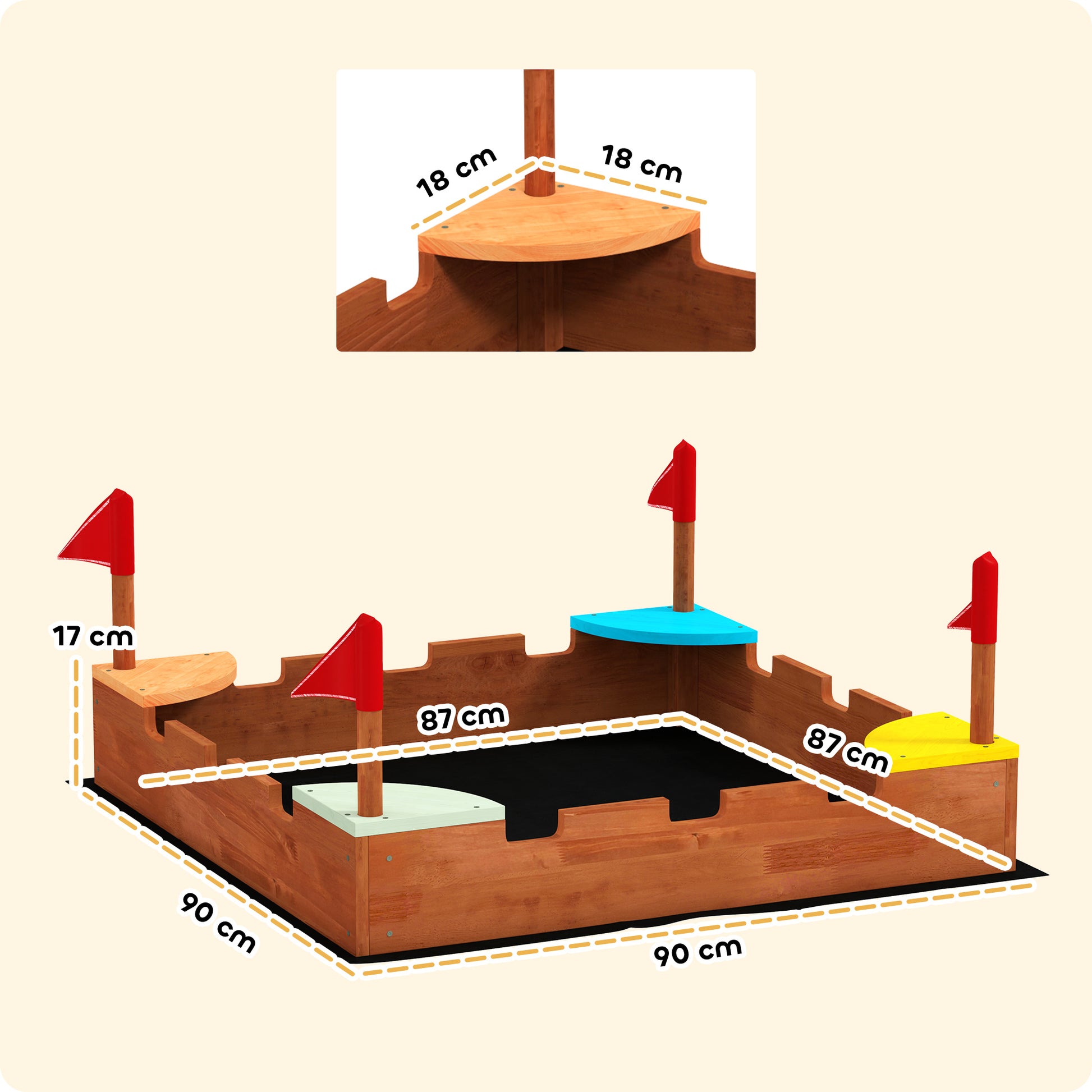 Wooden Sandbox, Sandbox for Children 3-7 Years with Seats, Flags, Wall Theme, 90 x 90 x 17 cm, Brown