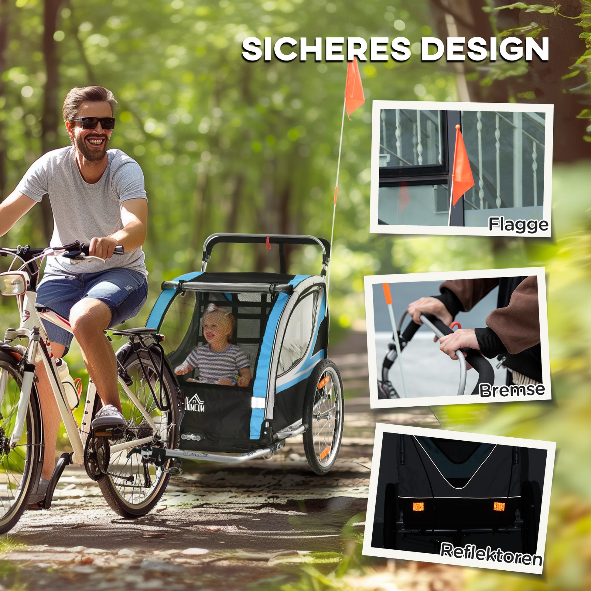 2-in-1 Foldable Kids Bike Trailer with Removable Front Wheel, Rear Brakes, Kids Bike Trailer for 2 Children from 18 Months, up to 26.4 kg Capacity, Blue