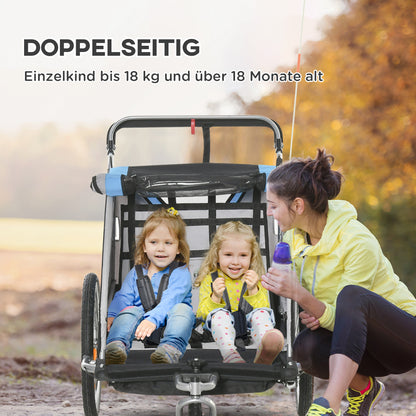 2-in-1 Foldable Kids Bike Trailer with Removable Front Wheel, Rear Brakes, Kids Bike Trailer for 2 Children from 18 Months, up to 26.4 kg Capacity, Blue