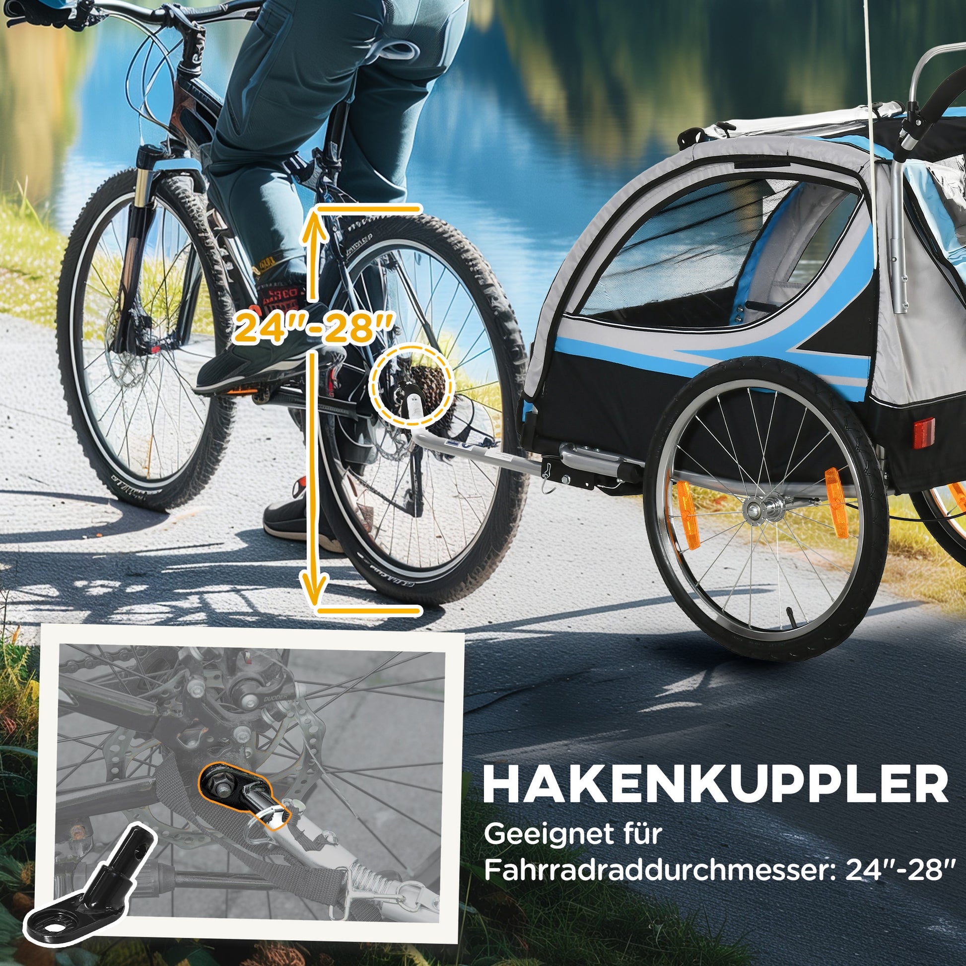 2-in-1 Foldable Kids Bike Trailer with Removable Front Wheel, Rear Brakes, Kids Bike Trailer for 2 Children from 18 Months, up to 26.4 kg Capacity, Blue