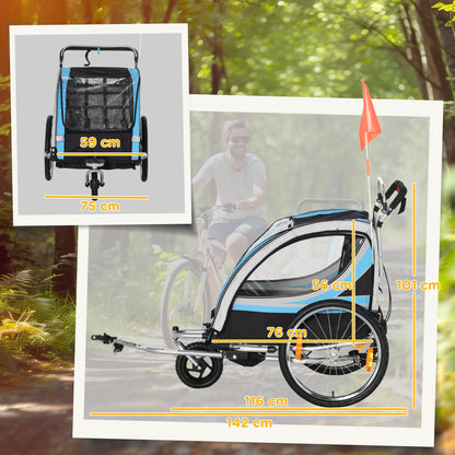 2-in-1 Foldable Kids Bike Trailer with Removable Front Wheel, Rear Brakes, Kids Bike Trailer for 2 Children from 18 Months, up to 26.4 kg Capacity, Blue