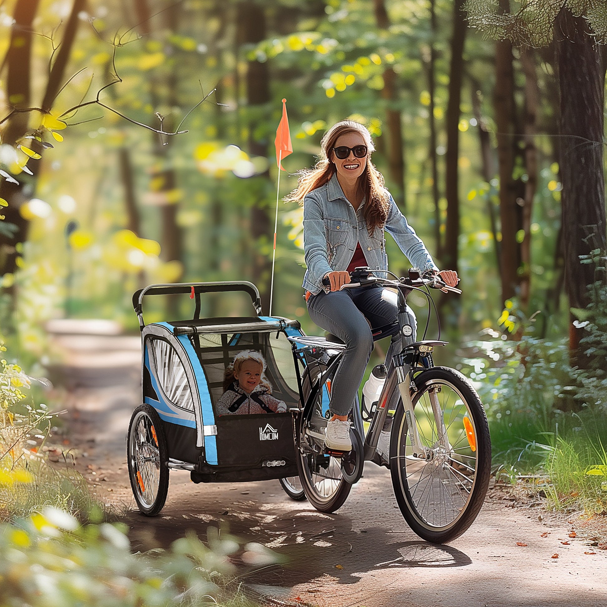 2-in-1 Foldable Kids Bike Trailer with Removable Front Wheel, Rear Brakes, Kids Bike Trailer for 2 Children from 18 Months, up to 26.4 kg Capacity, Blue