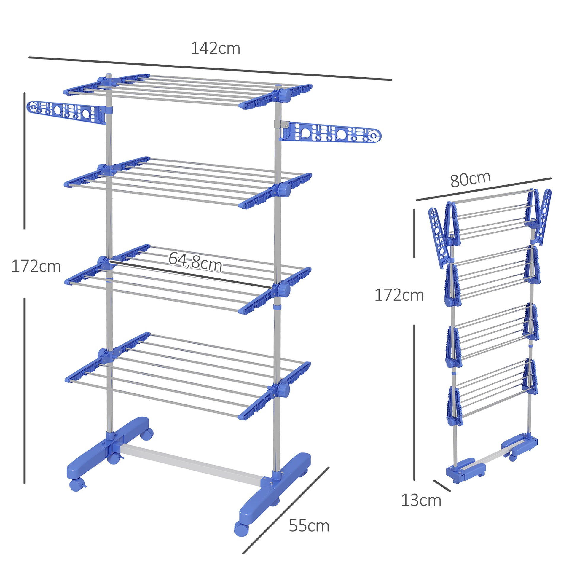 Clothes Drying Rack Tower Stand Dryer with 4 Levels, Folding Wings, Wheels, Tower Clothes Dryer for Indoor and Outdoor Use, 142 x 55 x 172 cm, Blue