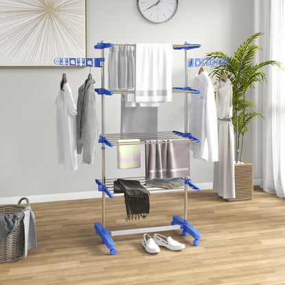 Clothes Drying Rack Tower Stand Dryer with 4 Levels, Folding Wings, Wheels, Tower Clothes Dryer for Indoor and Outdoor Use, 142 x 55 x 172 cm, Blue