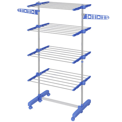 Clothes Drying Rack Tower Stand Dryer with 4 Levels, Folding Wings, Wheels, Tower Clothes Dryer for Indoor and Outdoor Use, 142 x 55 x 172 cm, Blue