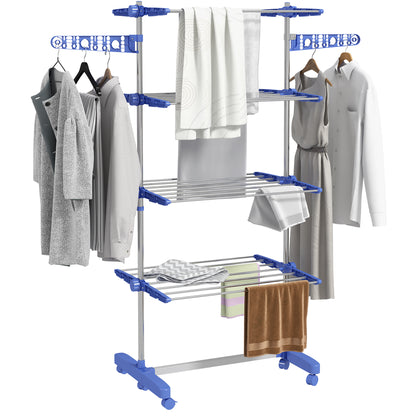 Clothes Drying Rack Tower Stand Dryer with 4 Levels, Folding Wings, Wheels, Tower Clothes Dryer for Indoor and Outdoor Use, 142 x 55 x 172 cm, Blue