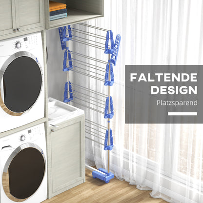 Clothes Drying Rack Tower Stand Dryer with 4 Levels, Folding Wings, Wheels, Tower Clothes Dryer for Indoor and Outdoor Use, 142 x 55 x 172 cm, Blue