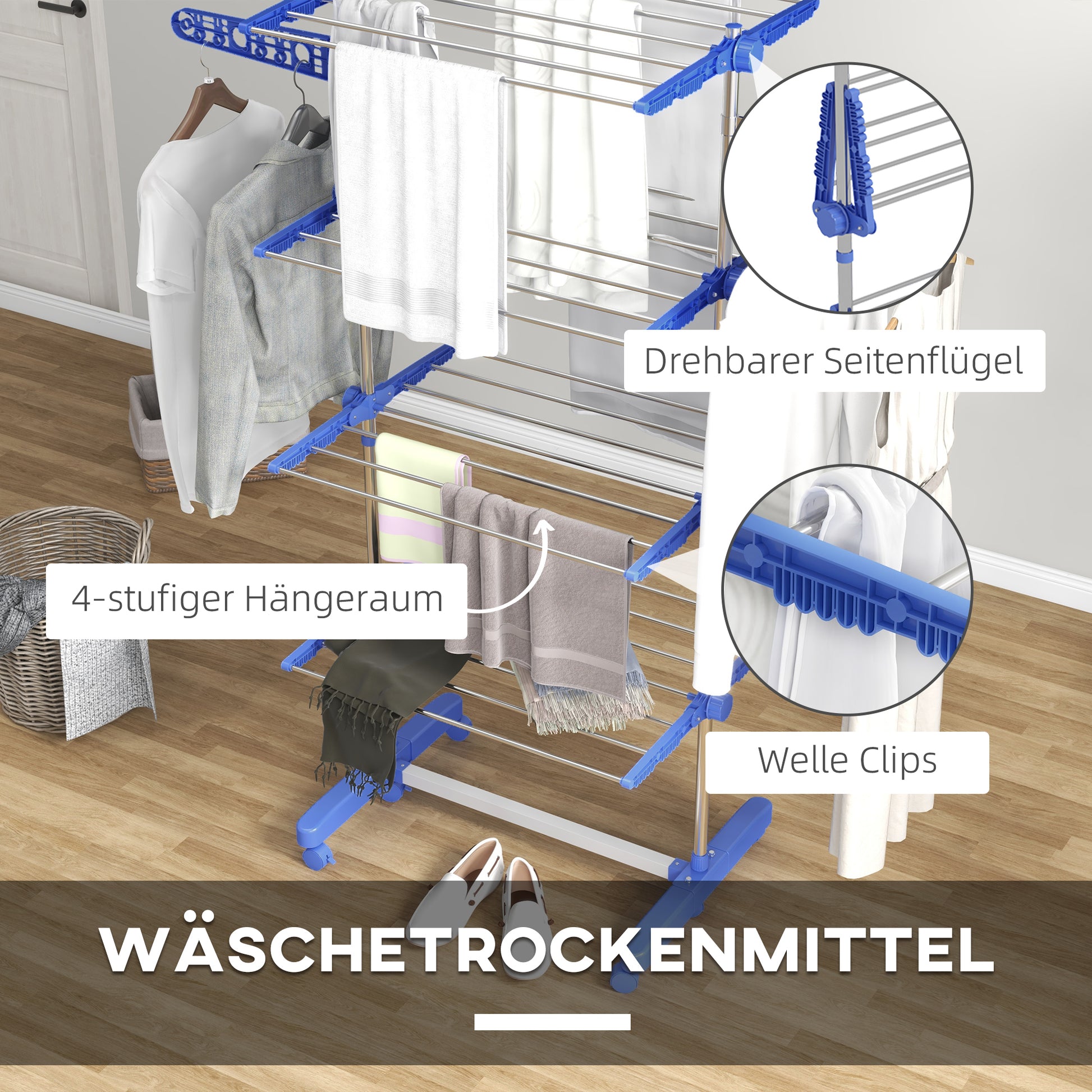 Clothes Drying Rack Tower Stand Dryer with 4 Levels, Folding Wings, Wheels, Tower Clothes Dryer for Indoor and Outdoor Use, 142 x 55 x 172 cm, Blue
