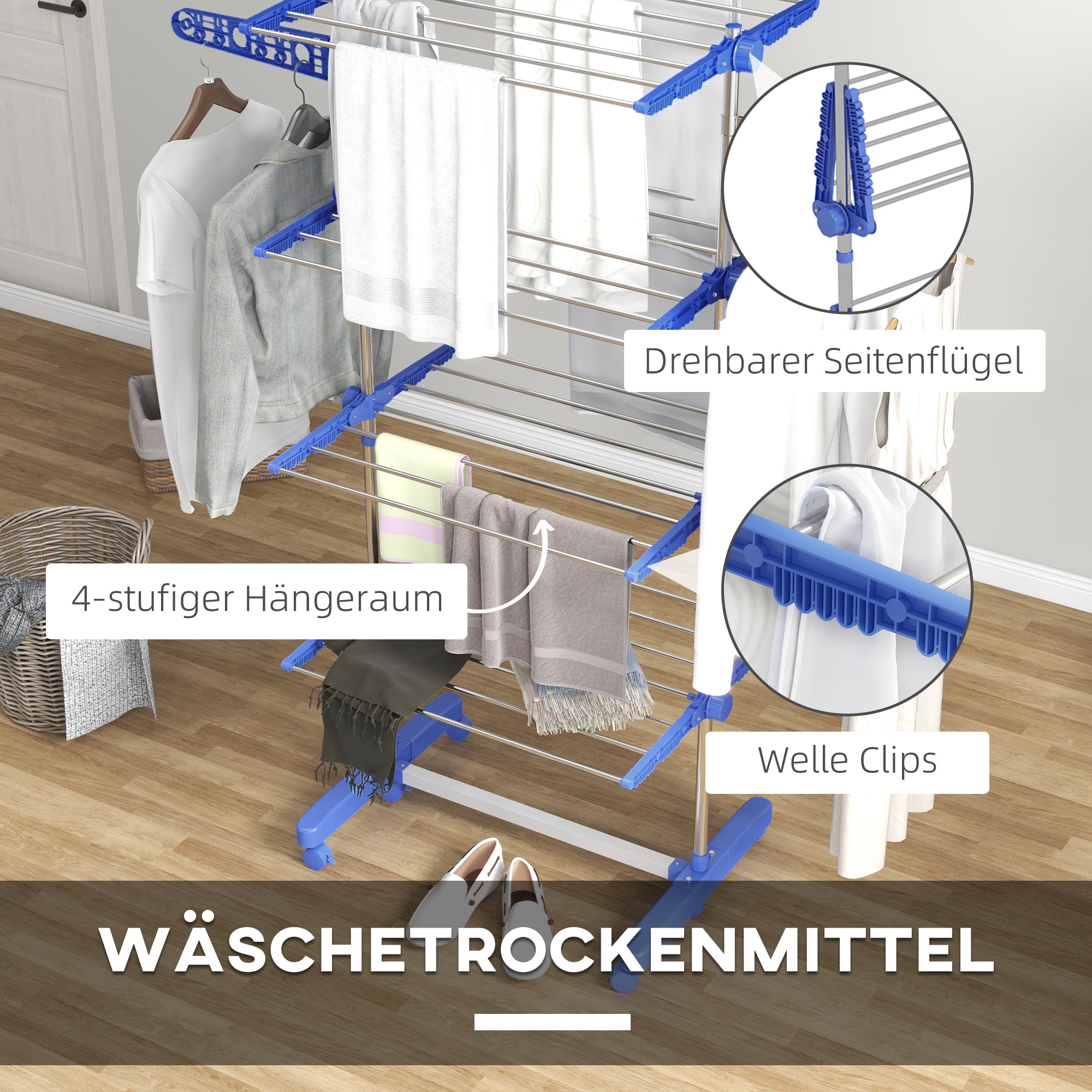 Clothes Drying Rack Tower Stand Dryer with 4 Levels, Folding Wings, Wheels, Tower Clothes Dryer for Indoor and Outdoor Use, 142 x 55 x 172 cm, Blue