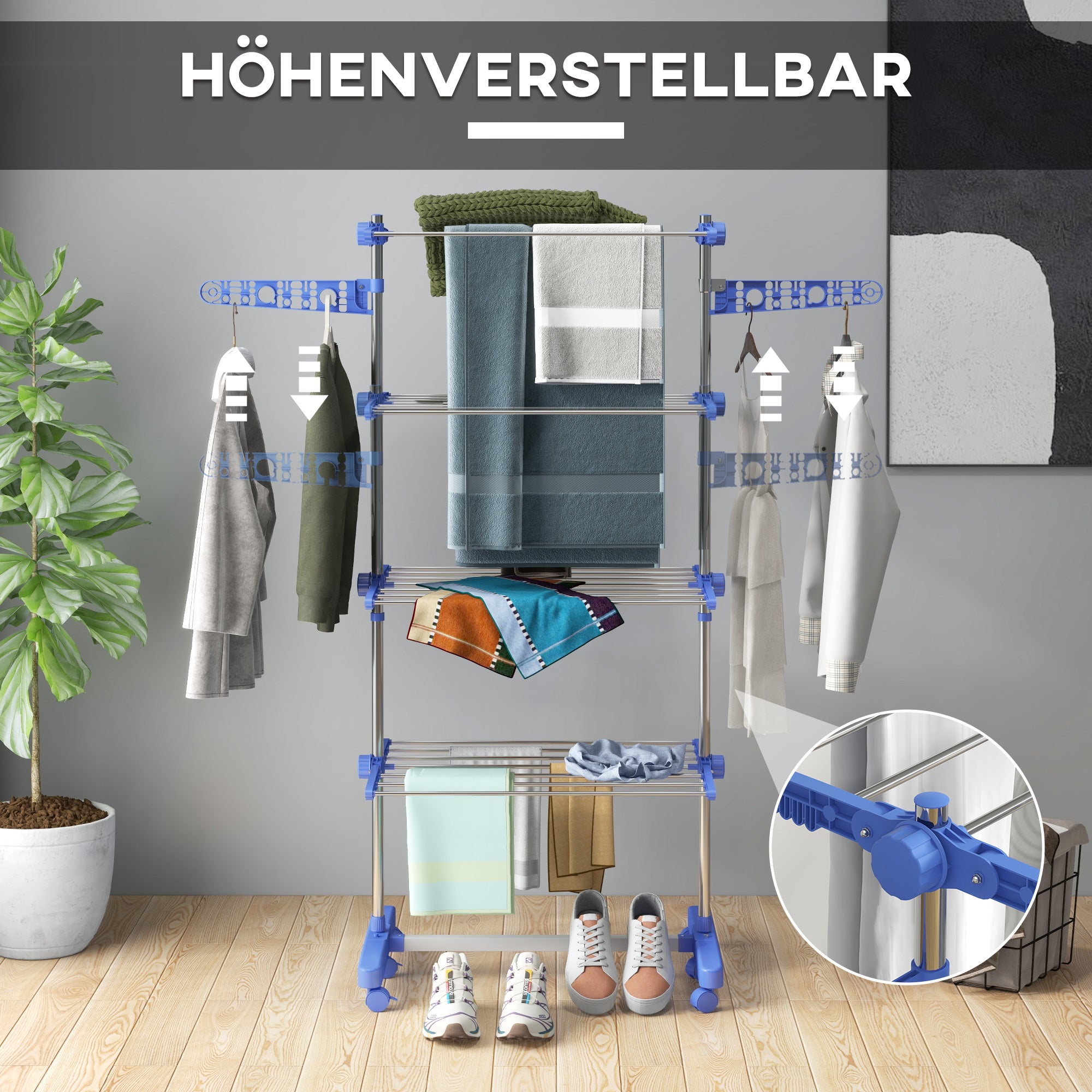 Clothes Drying Rack Tower Stand Dryer with 4 Levels, Folding Wings, Wheels, Tower Clothes Dryer for Indoor and Outdoor Use, 142 x 55 x 172 cm, Blue