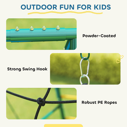 5-in-1 Kids Swing Set — Steel A-Frame (up to 771 lb) with Adjustable Nest Swing, Gym Rings, Double Seat & Climbing Frame, for Ages 3–8 — 440 x 175 x 203 cm (14'5" x 5'9" x 6'8")