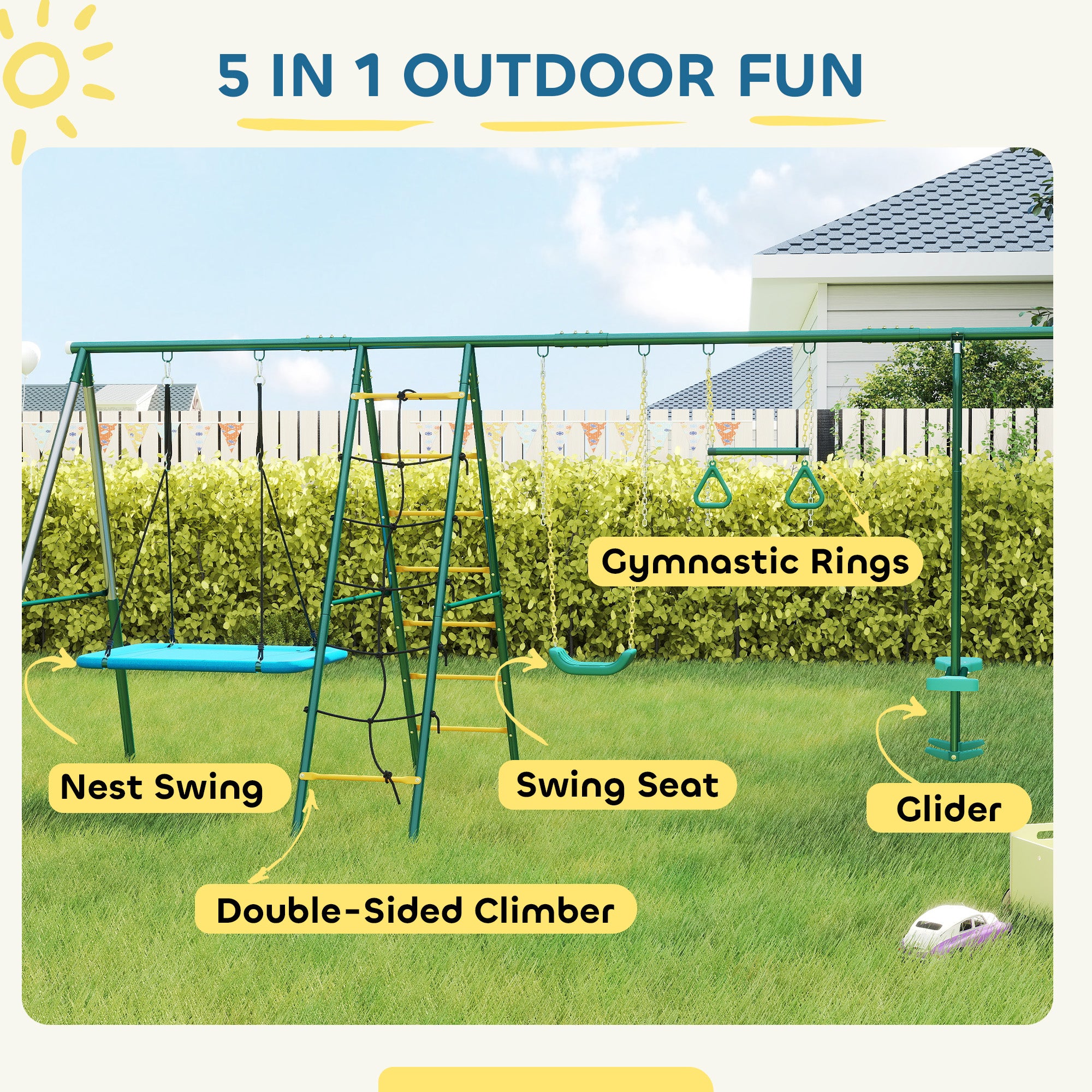 5-in-1 Kids Swing Set — Steel A-Frame (up to 771 lb) with Adjustable Nest Swing, Gym Rings, Double Seat & Climbing Frame, for Ages 3–8 — 440 x 175 x 203 cm (14'5" x 5'9" x 6'8")