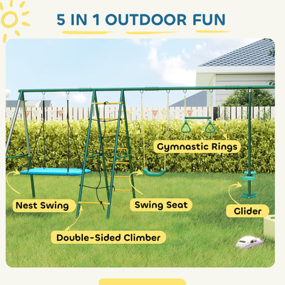 5-in-1 Kids Swing Set — Steel A-Frame (up to 771 lb) with Adjustable Nest Swing, Gym Rings, Double Seat & Climbing Frame, for Ages 3–8 — 440 x 175 x 203 cm (14'5" x 5'9" x 6'8")
