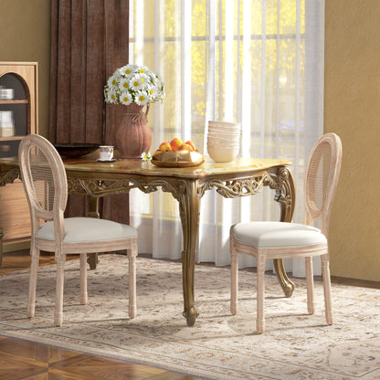 Dining Chairs Set of 2, Kitchen Chair with Backrest, Upholstered Chair with Linen Look, Rattan Look, Dining Chair with Wooden Legs for Kitchen, Living Room, Cream