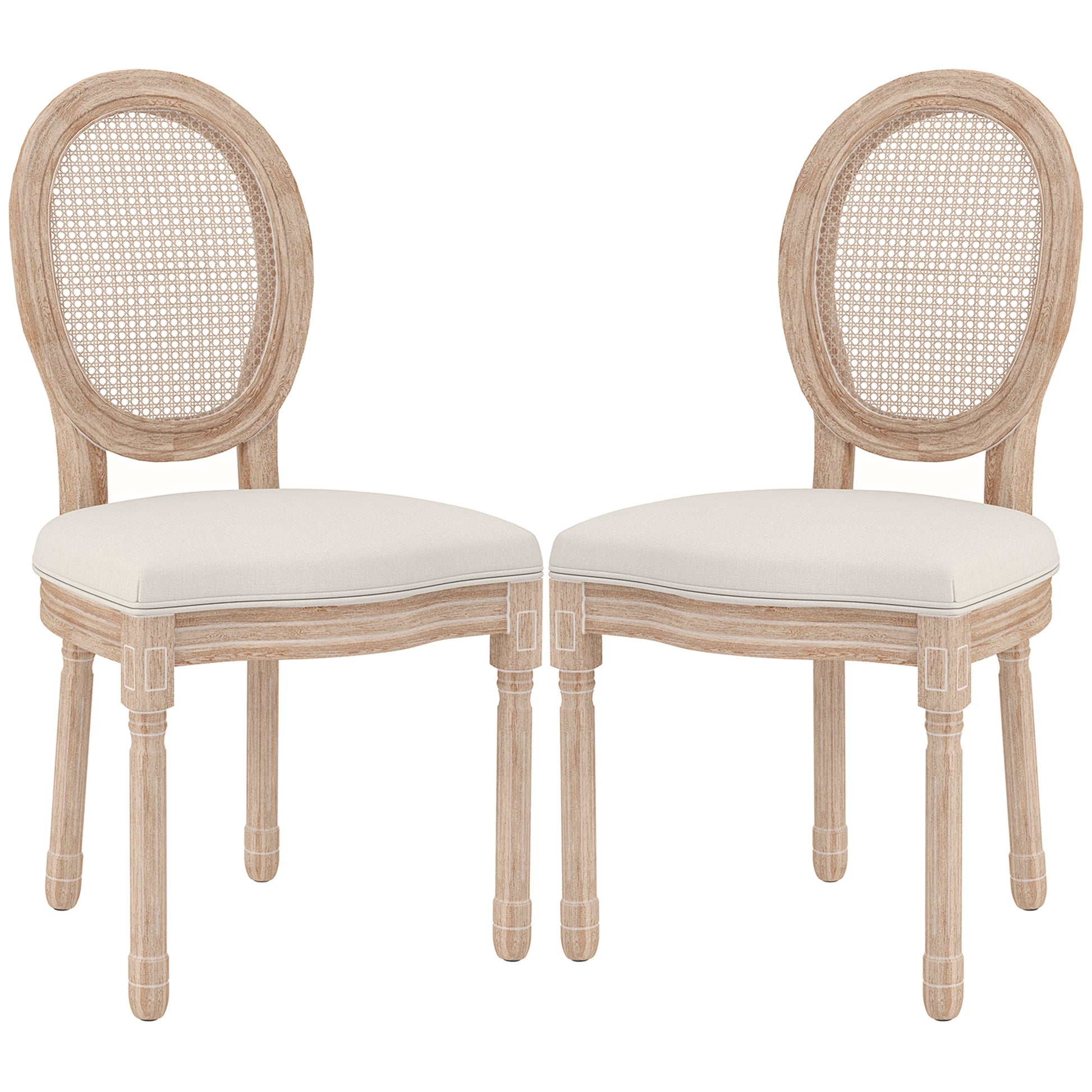 Dining Chairs Set of 2, Kitchen Chair with Backrest, Upholstered Chair with Linen Look, Rattan Look, Dining Chair with Wooden Legs for Kitchen, Living Room, Cream