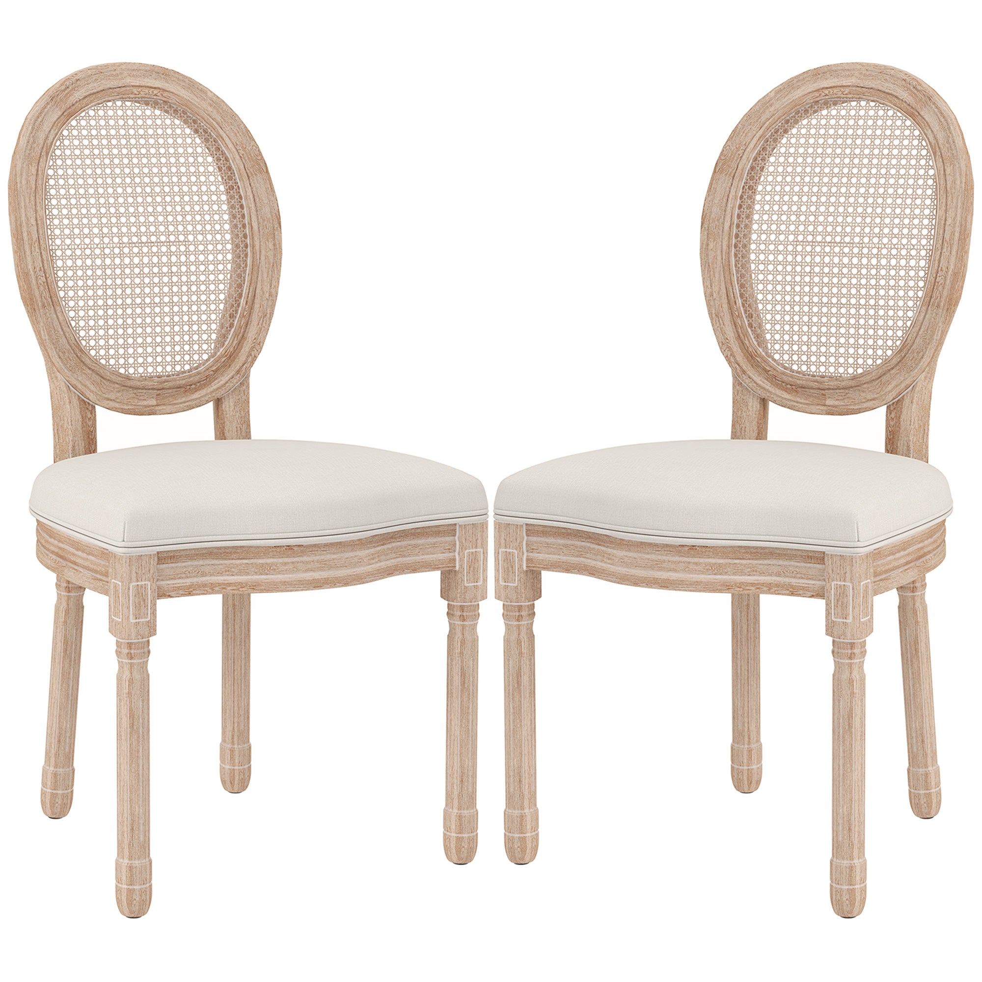Dining Chairs Set of 2, Kitchen Chair with Backrest, Upholstered Chair with Linen Look, Rattan Look, Dining Chair with Wooden Legs for Kitchen, Living Room, Cream