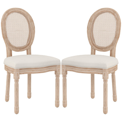 Dining Chairs Set of 2, Kitchen Chair with Backrest, Upholstered Chair with Linen Look, Rattan Look, Dining Chair with Wooden Legs for Kitchen, Living Room, Cream