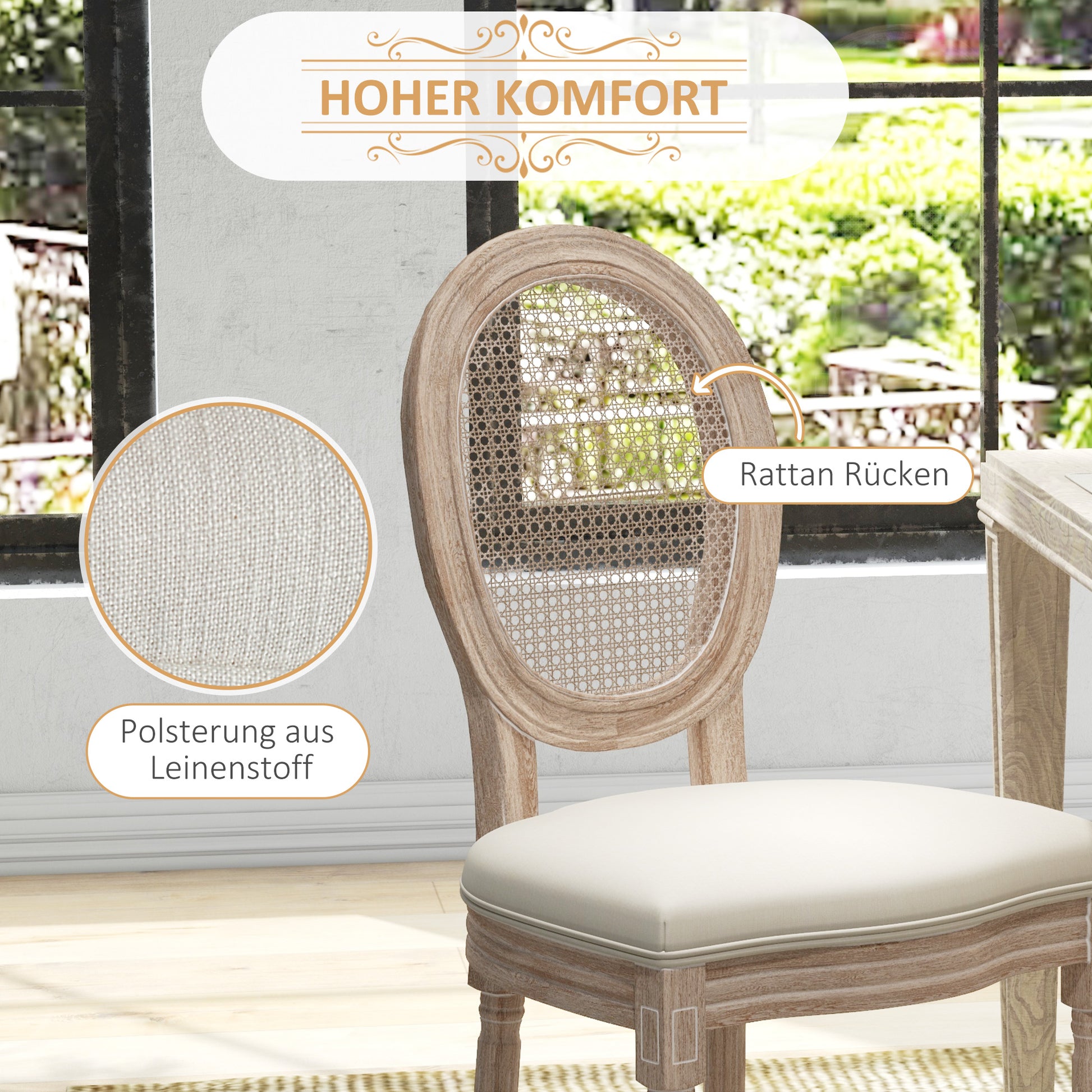 Dining Chairs Set of 2, Kitchen Chair with Backrest, Upholstered Chair with Linen Look, Rattan Look, Dining Chair with Wooden Legs for Kitchen, Living Room, Cream
