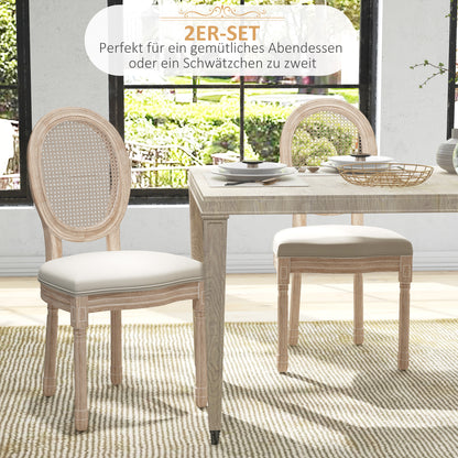 Dining Chairs Set of 2, Kitchen Chair with Backrest, Upholstered Chair with Linen Look, Rattan Look, Dining Chair with Wooden Legs for Kitchen, Living Room, Cream