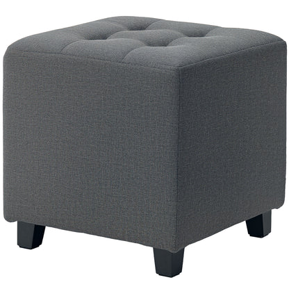 Living Room Footstool Low Stool Upholstered in Linen Square Ottoman with Side Pocket Padded Buttoned Top and Wooden Frame for Living Room Bedroom Gray