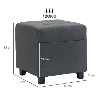 Living Room Footstool Low Stool Upholstered in Linen Square Ottoman with Side Pocket Padded Buttoned Top and Wooden Frame for Living Room Bedroom Gray