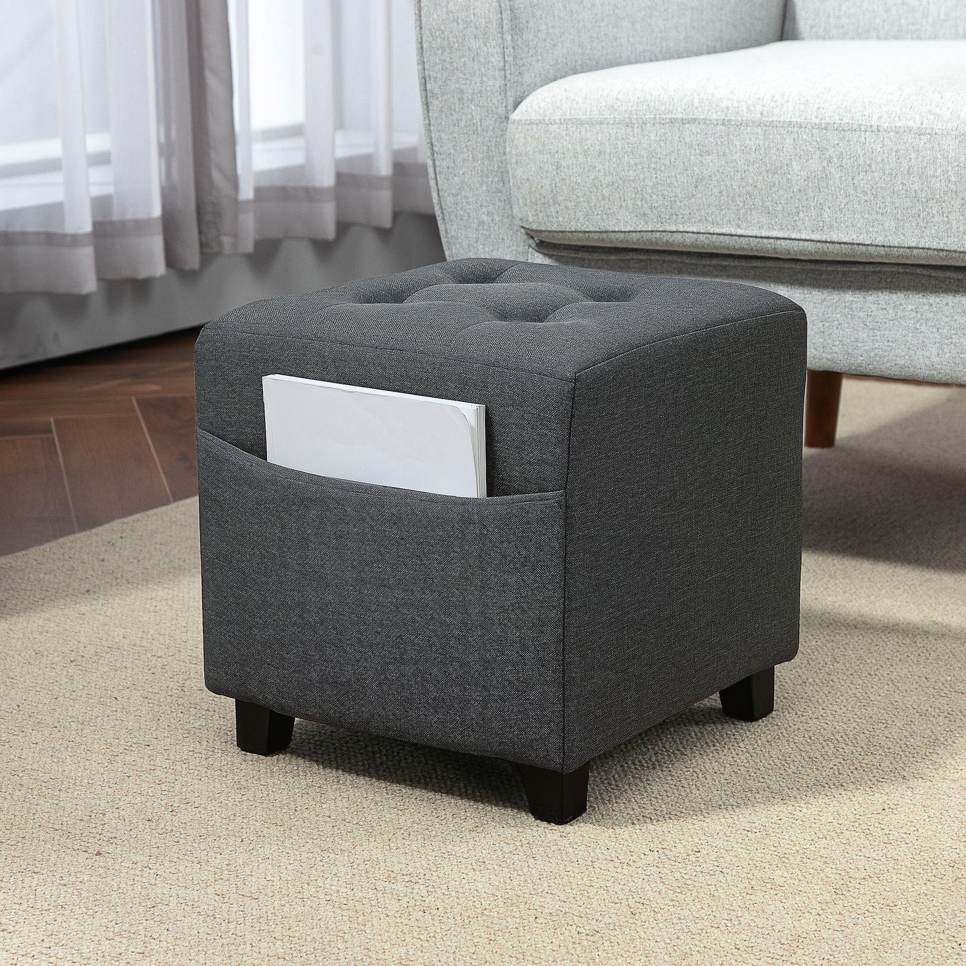 Living Room Footstool Low Stool Upholstered in Linen Square Ottoman with Side Pocket Padded Buttoned Top and Wooden Frame for Living Room Bedroom Gray