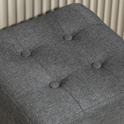 Living Room Footstool Low Stool Upholstered in Linen Square Ottoman with Side Pocket Padded Buttoned Top and Wooden Frame for Living Room Bedroom Gray