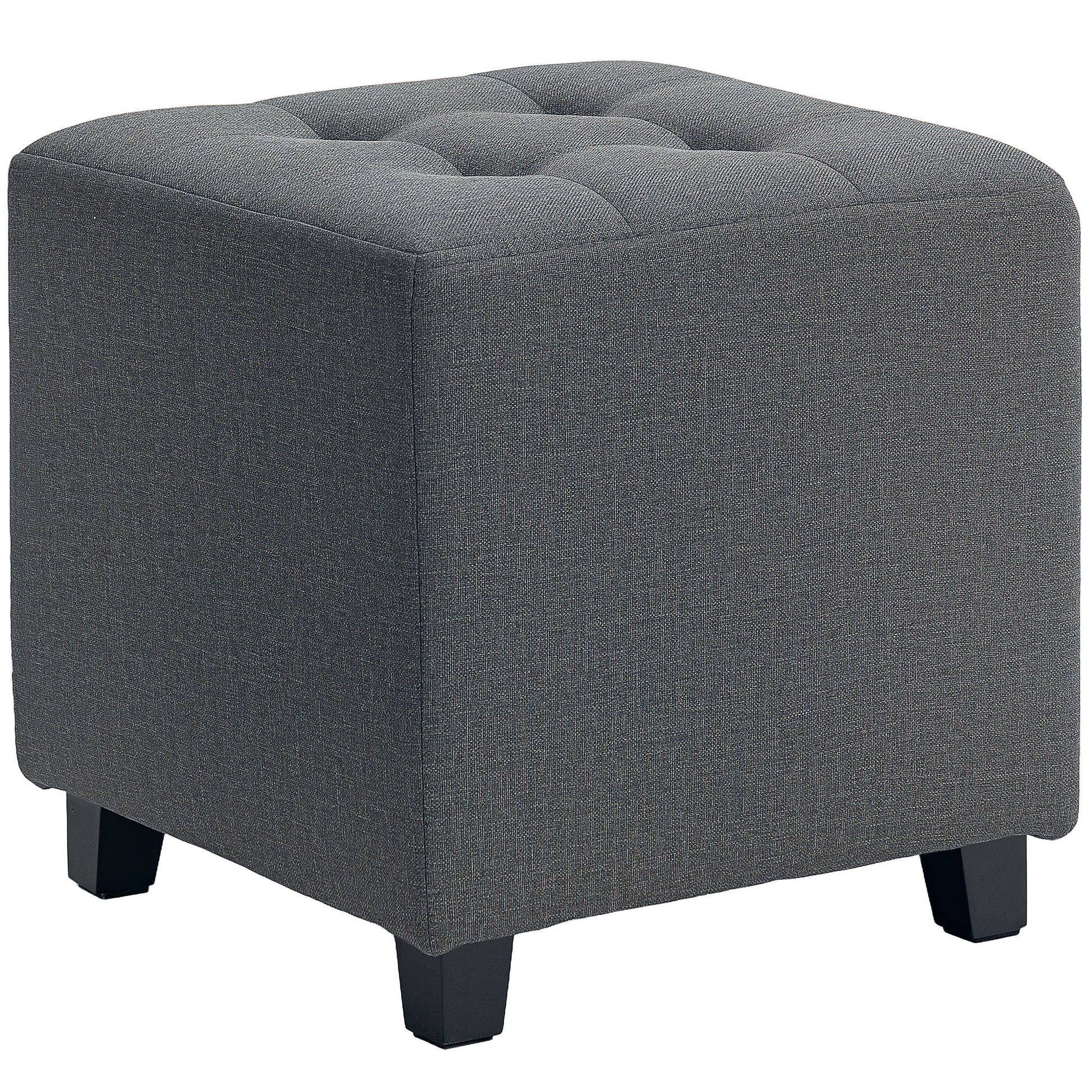 Living Room Footstool Low Stool Upholstered in Linen Square Ottoman with Side Pocket Padded Buttoned Top and Wooden Frame for Living Room Bedroom Gray