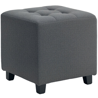 Living Room Footstool Low Stool Upholstered in Linen Square Ottoman with Side Pocket Padded Buttoned Top and Wooden Frame for Living Room Bedroom Gray