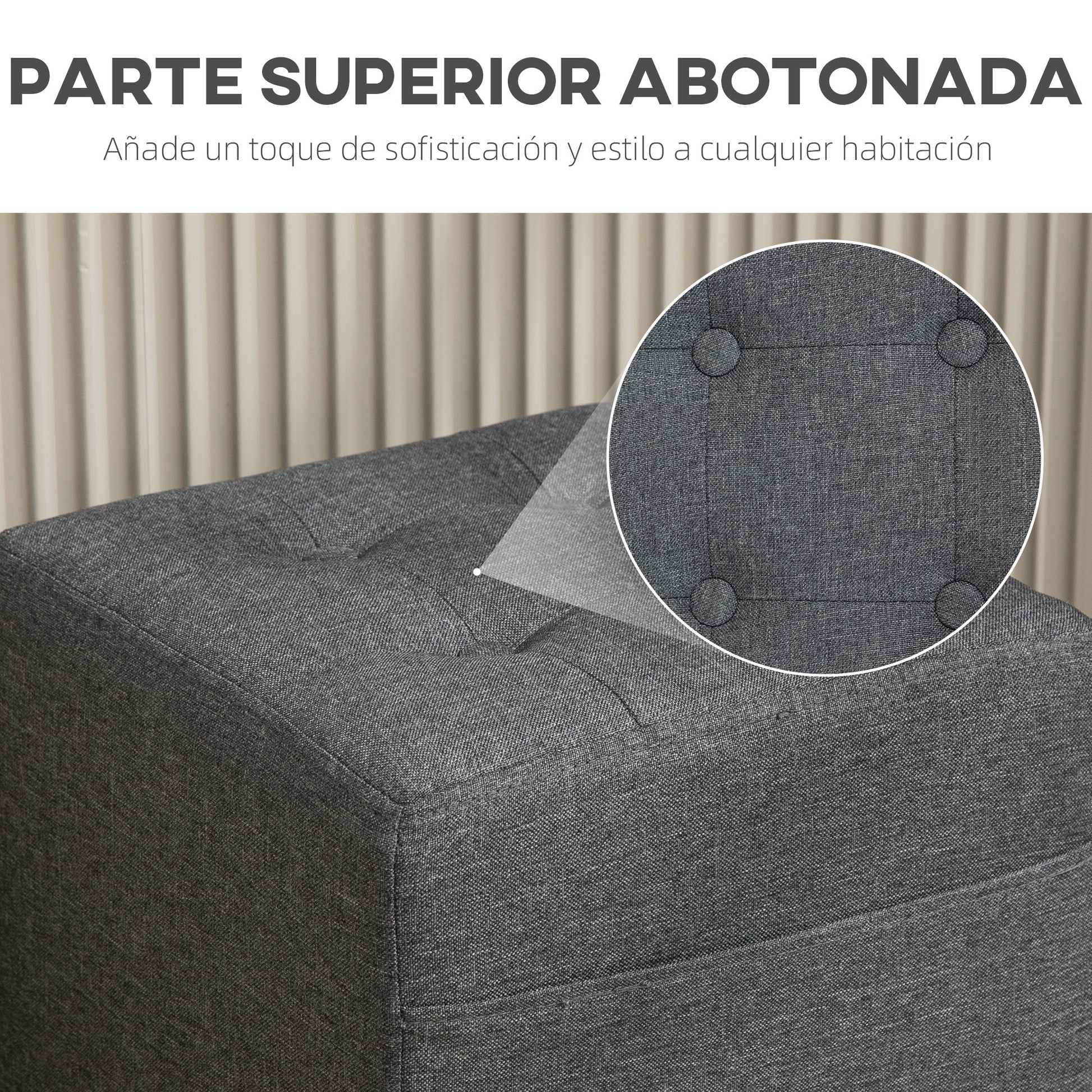 Living Room Footstool Low Stool Upholstered in Linen Square Ottoman with Side Pocket Padded Buttoned Top and Wooden Frame for Living Room Bedroom Gray