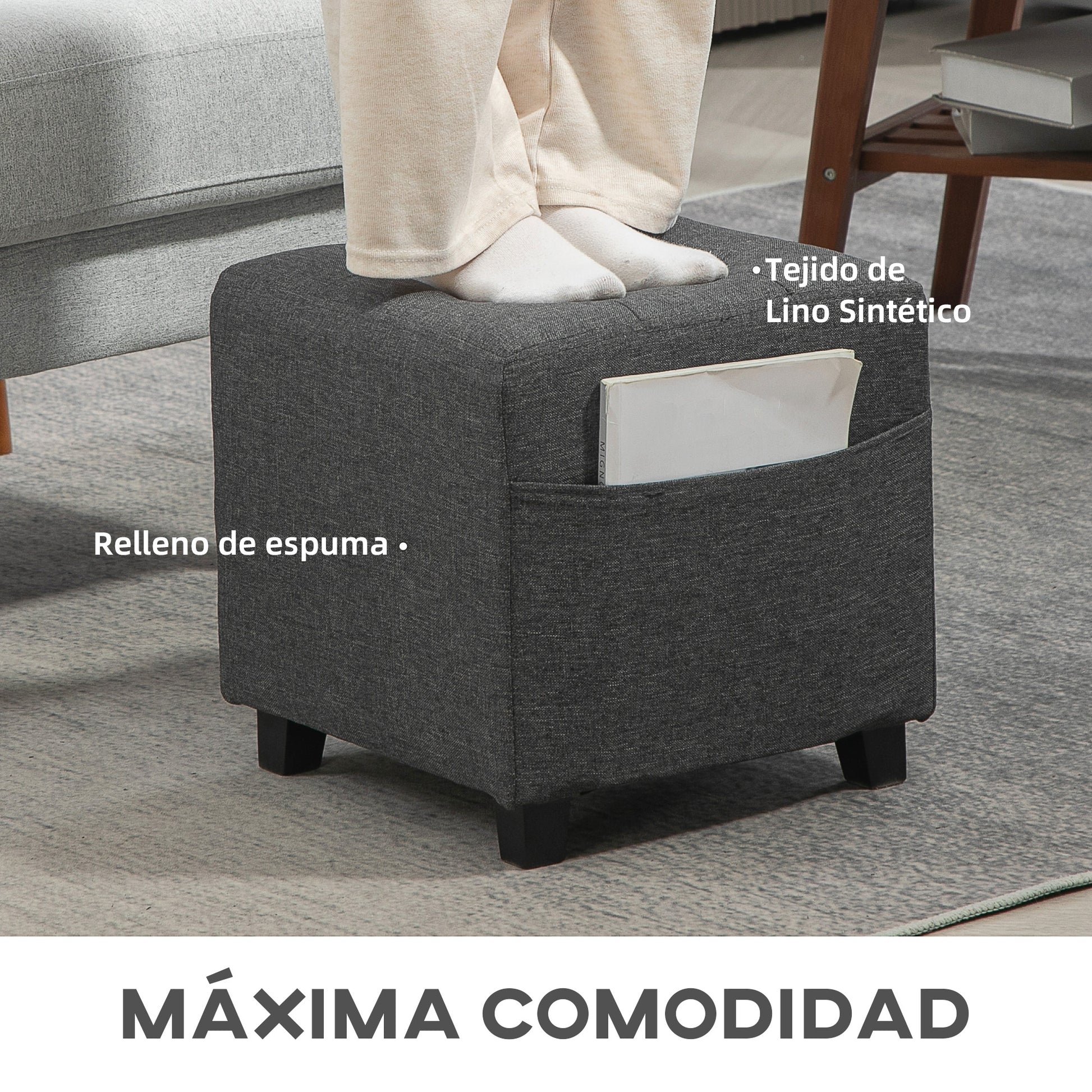 Living Room Footstool Low Stool Upholstered in Linen Square Ottoman with Side Pocket Padded Buttoned Top and Wooden Frame for Living Room Bedroom Gray