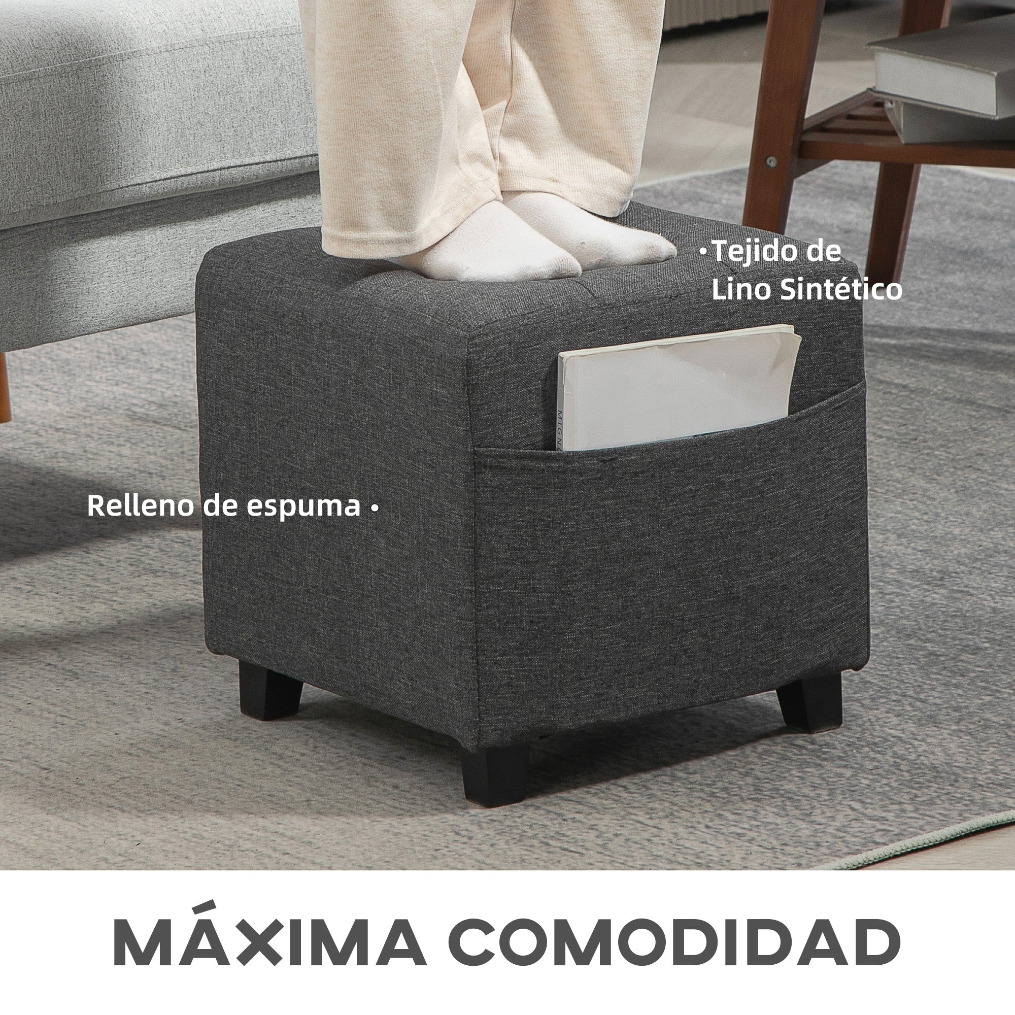 Living Room Footstool Low Stool Upholstered in Linen Square Ottoman with Side Pocket Padded Buttoned Top and Wooden Frame for Living Room Bedroom Gray