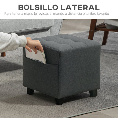 Living Room Footstool Low Stool Upholstered in Linen Square Ottoman with Side Pocket Padded Buttoned Top and Wooden Frame for Living Room Bedroom Gray