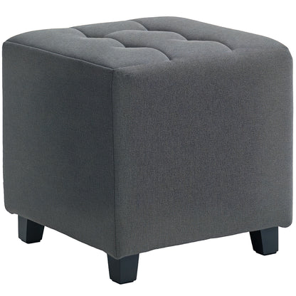 Living Room Footstool Low Stool Upholstered in Linen Square Ottoman with Side Pocket Padded Buttoned Top and Wooden Frame for Living Room Bedroom Gray