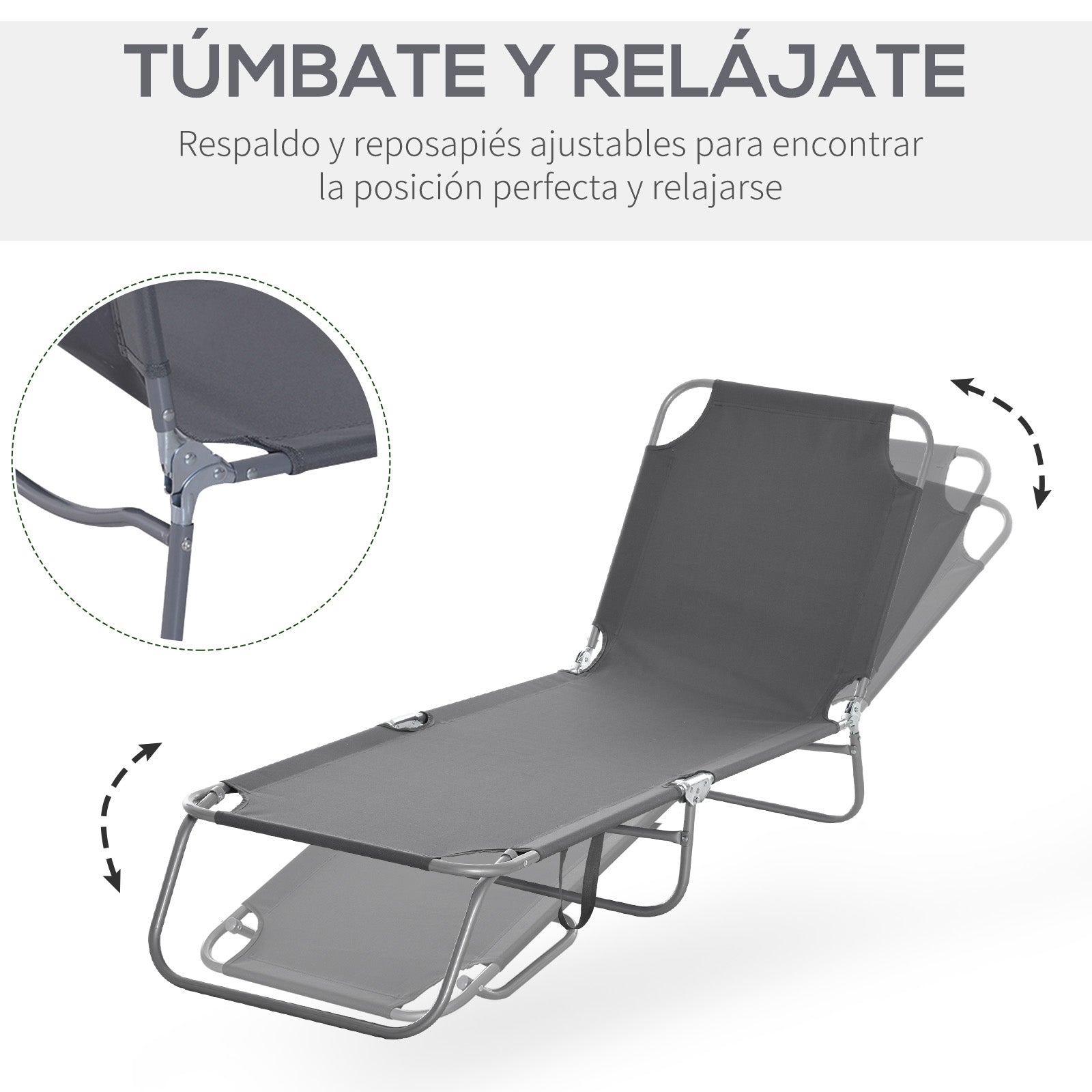 Folding Lounge Chair Outdoor Garden with Adjustable Backrest in 5 Positions and Metal Frame Load 120 kg for Terrace Pool Beach 187x55x24 cm Gray