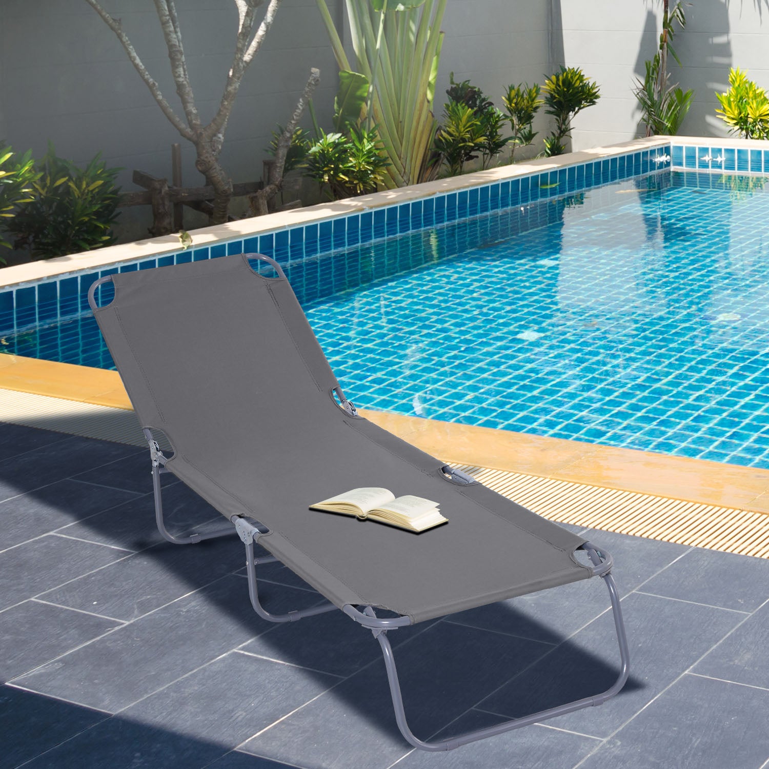 Folding Lounge Chair Outdoor Garden with Adjustable Backrest in 5 Positions and Metal Frame Load 120 kg for Terrace Pool Beach 187x55x24 cm Gray