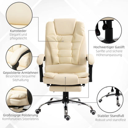 Executive Office Chair with Footrest, Desk Chair with Tilt Function, Adjustable Height Computer Chair with Armrest, Swivel Chair for Office, Faux Leather, Cream