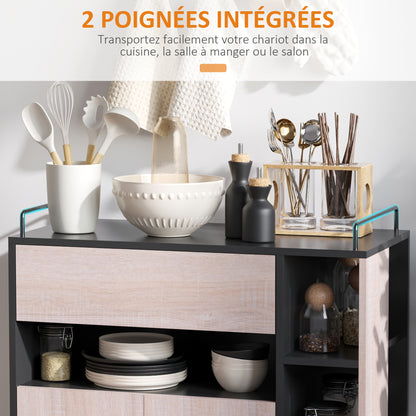 Kitchen Trolley Cart with Double Door Cupboard + 3 Shelves + Niche + Sliding Drawer Particle Board Black Oak