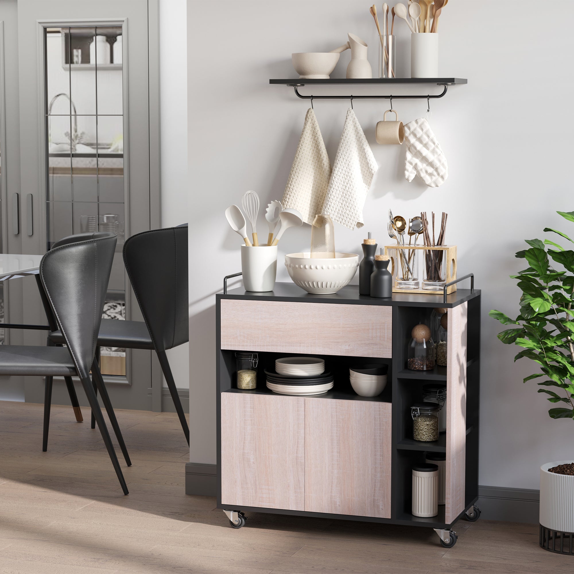 Kitchen Trolley Cart with Double Door Cupboard + 3 Shelves + Niche + Sliding Drawer Particle Board Black Oak